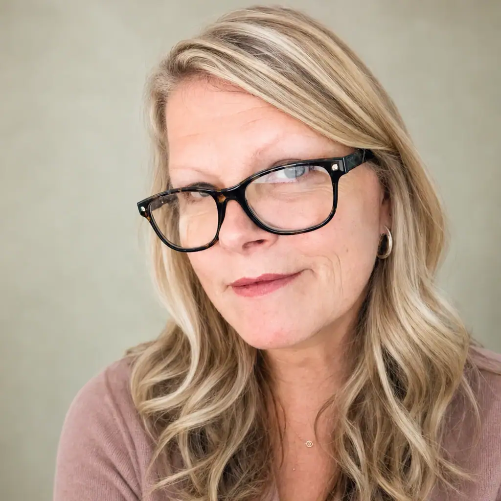 Portrait of a woman with blonde hair and glasses, smiling softly.